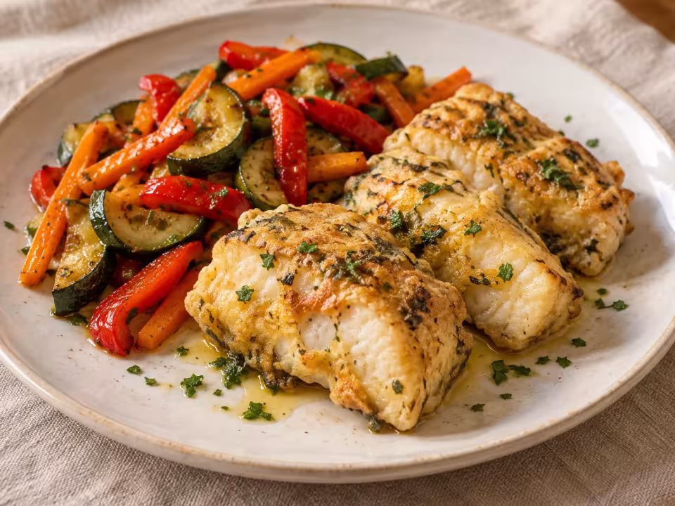 Tarragon egg-coated cod with saut&eacute;ed vegetables, finished dish