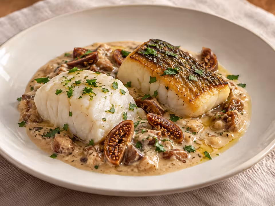 Salt cod with dried fig and honey cream, finished dish