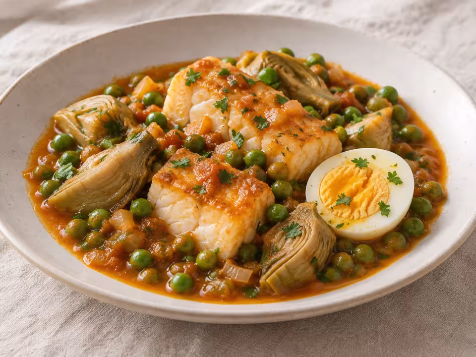 Bacalao con guisantes, alcachofas y huevo, plato terminado