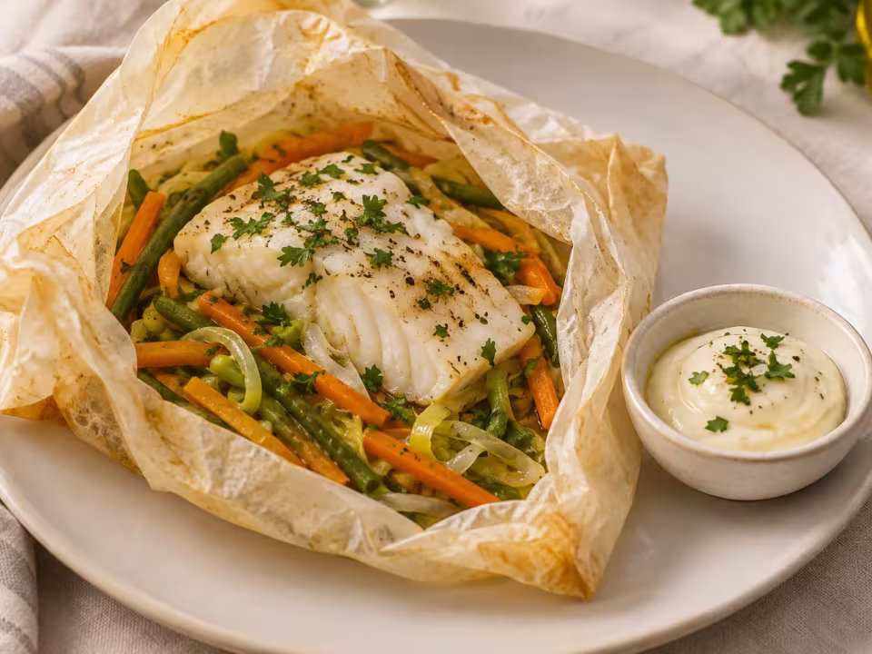 Cod parcels with vegetables and garlic mayonnaise, finished dish