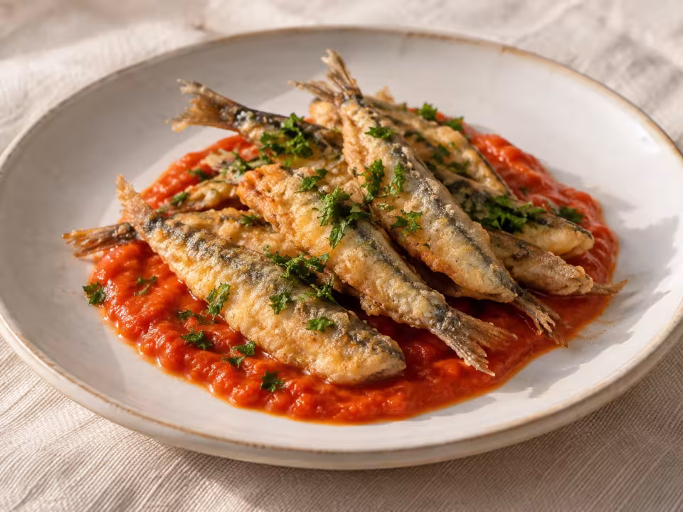 Boquerones rebozados con salsa de piquillos, plato terminado