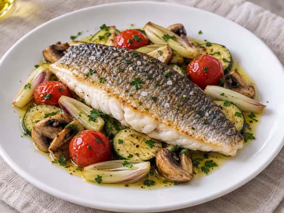 Dorada con verduras en escabeche suave, plato terminado