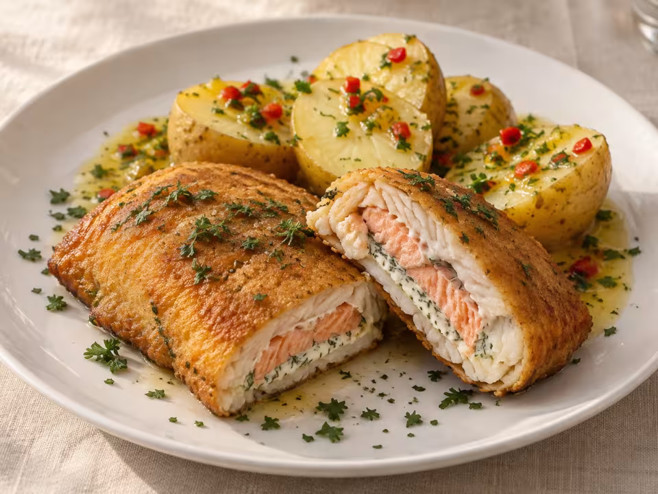 Faneca rellena de salm&oacute;n y queso con patatas, plato terminado