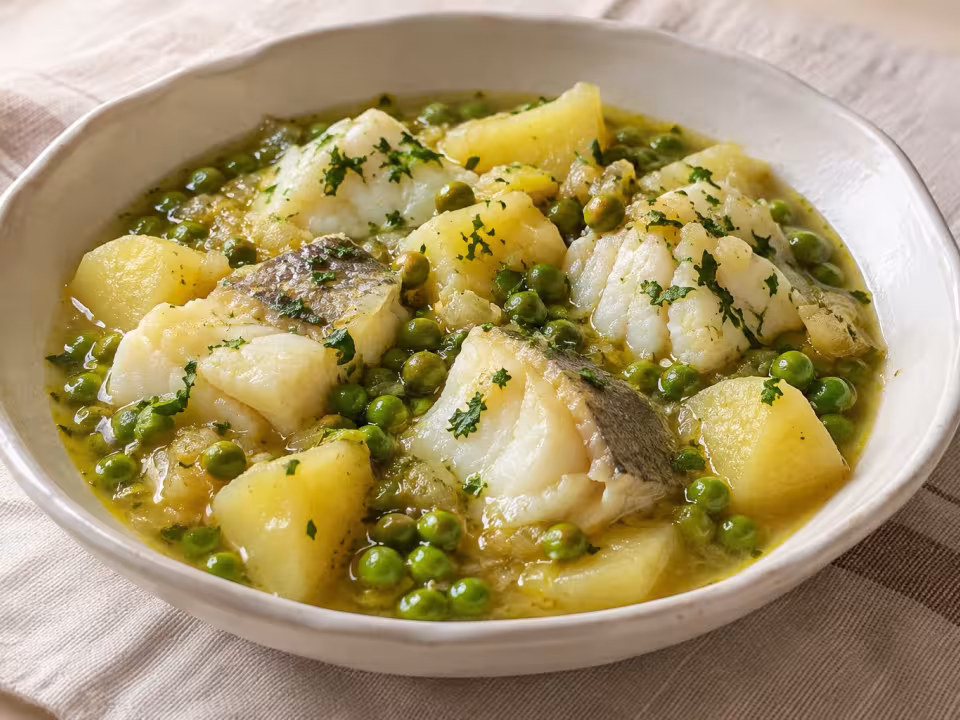 Guiso de bacalao fresco con patatas y guisantes, plato terminado