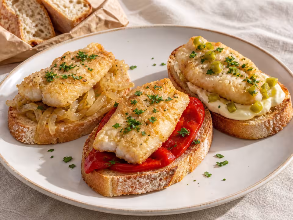 Three ways with hake toasts, finished dish