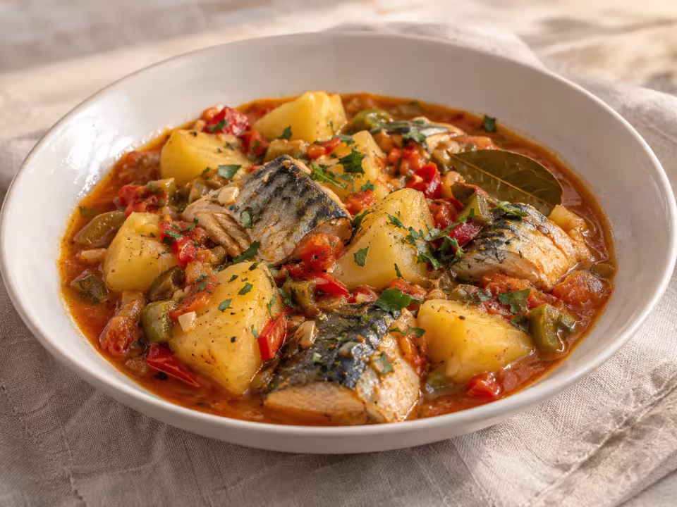 Potato stew with mackerel and peppers, finished dish