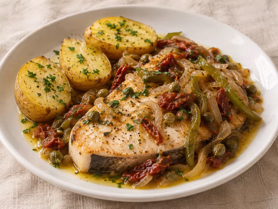 Swordfish in escabeche with potatoes, finished dish