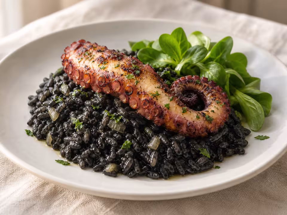 Griddled octopus with black rice, finished dish