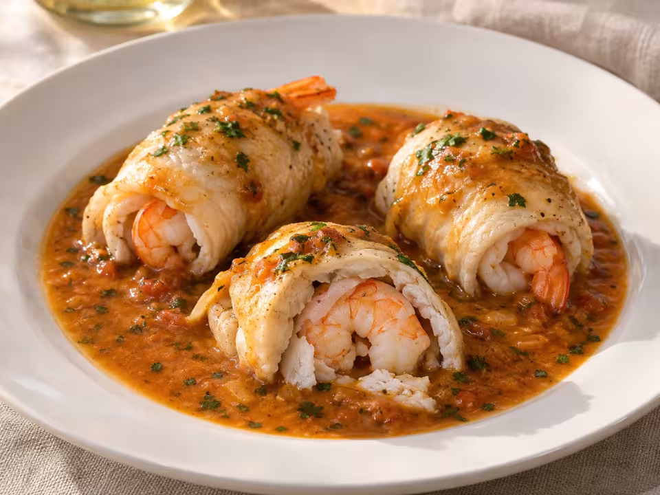 Rollitos de gallo y langostino con salsa marinera, plato terminado