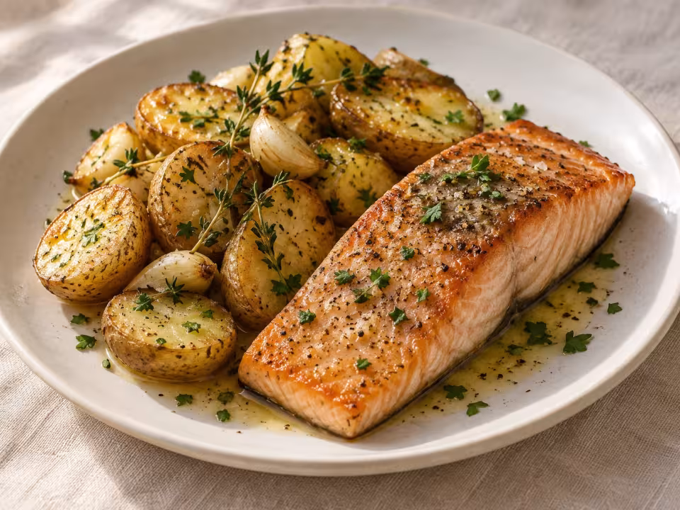 Salm&oacute;n con patatas al ajo y lim&oacute;n, plato terminado
