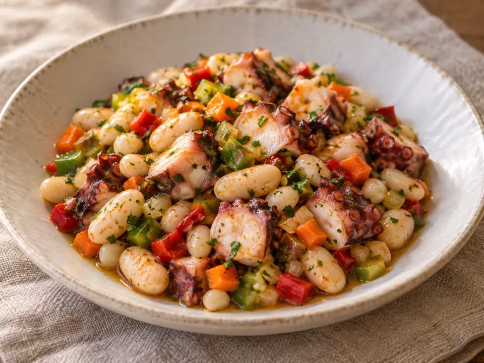 Salpic&oacute;n de pulpo con pochas y verduras, plato terminado
