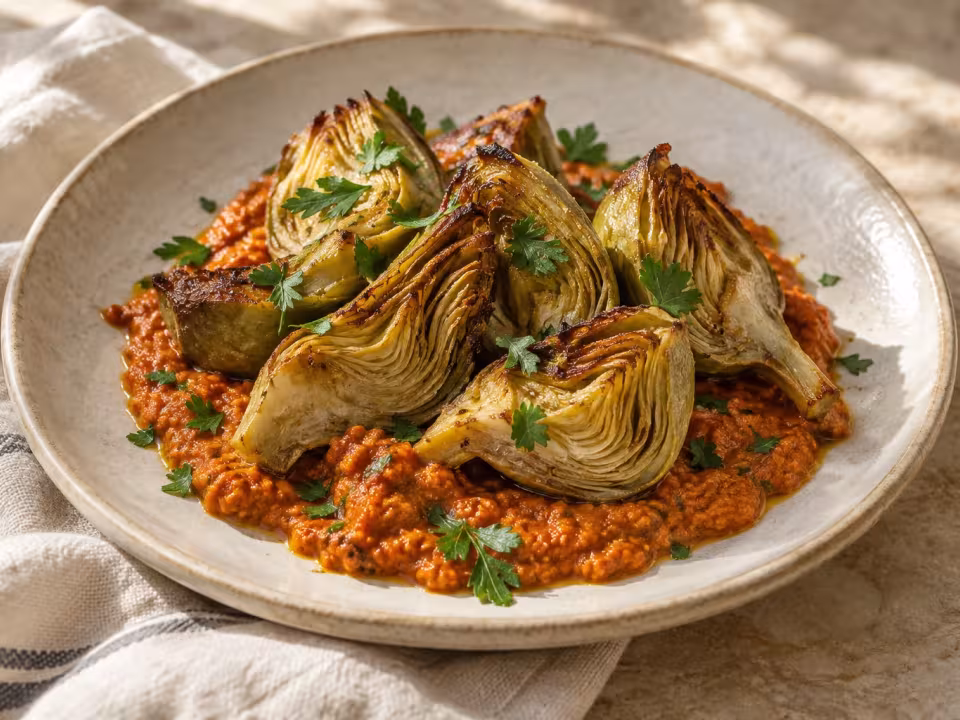 Alcachofas crujientes con romesco, plato terminado