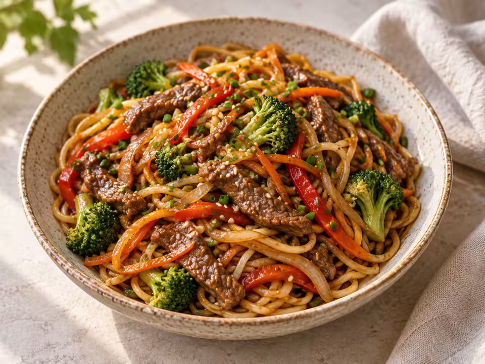 Fideos salteados con ternera y verduras, plato terminado