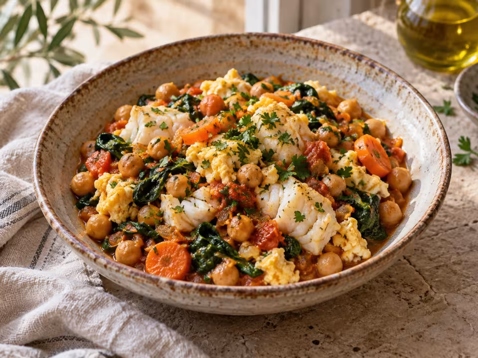 Garbanzos con bacalao y huevo revuelto, plato terminado