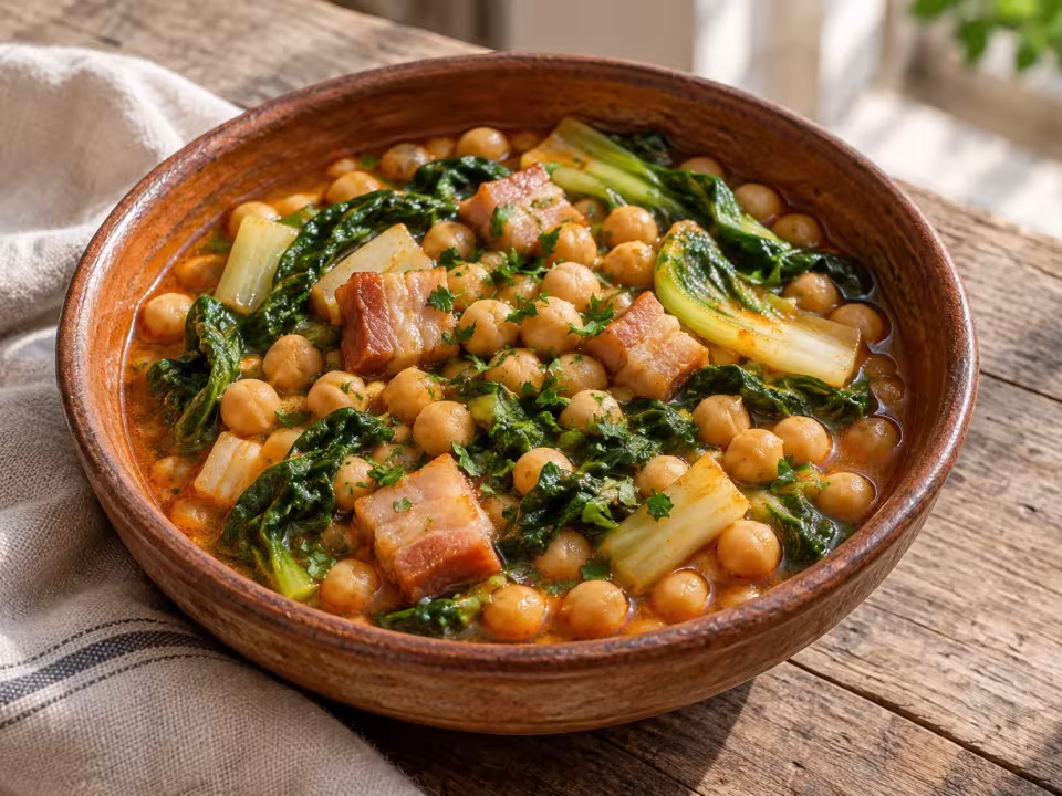 Garbanzos con pak choi y tocino, plato terminado