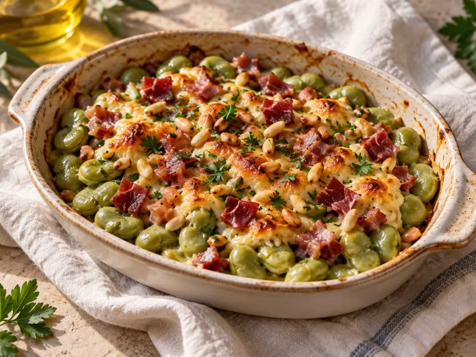 Habitas gratinadas con holandesa y jam&oacute;n, plato terminado