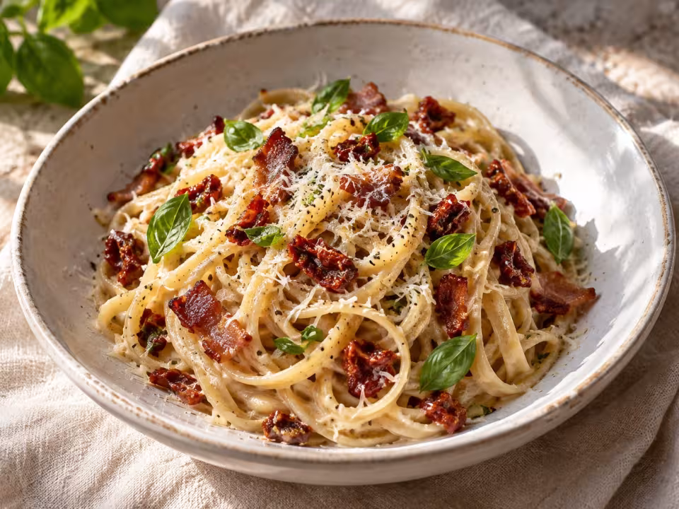 Linguine cremosos con bacon y tomate seco, plato terminado