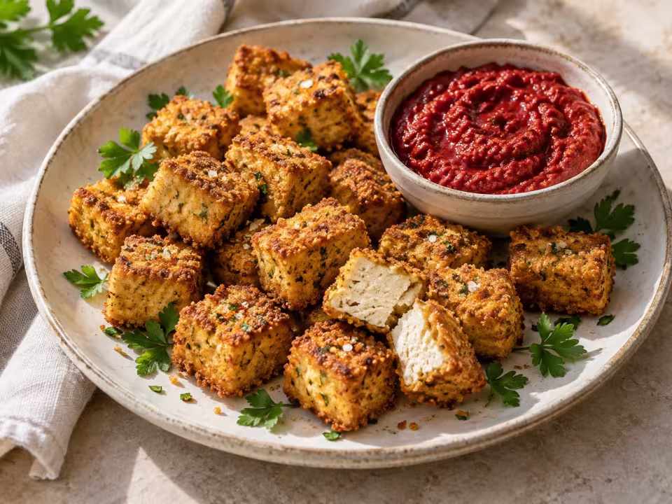 Nuggets de tofu con romesco de remolacha, plato terminado