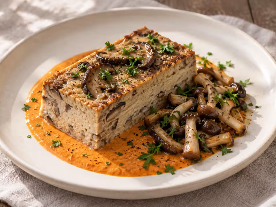 Pastel de shiitake con crema de chistorra, plato terminado