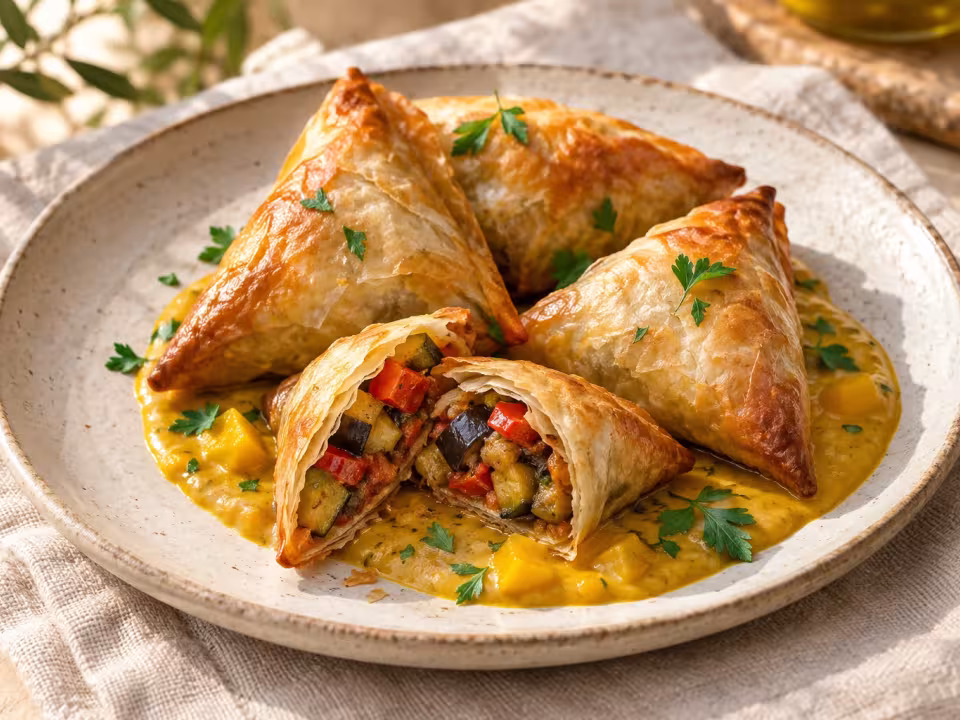 Samosas de pisto al horno con salsa de mango, plato terminado