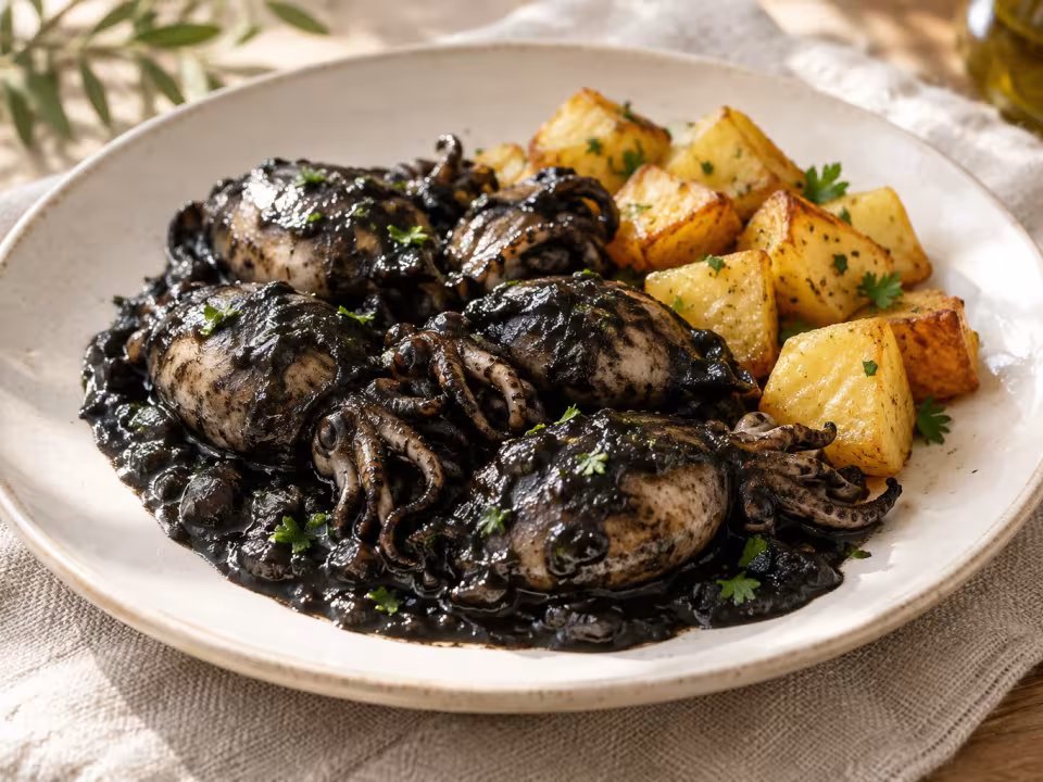 Cuttlefish in ink sauce with golden potatoes, finished dish