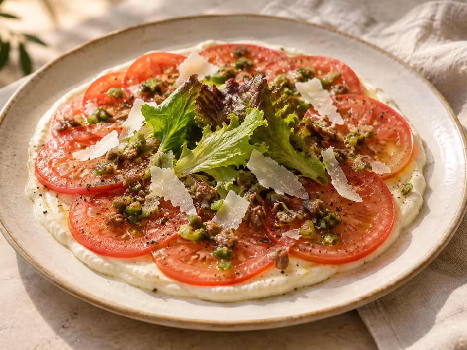 Tomate en l&aacute;minas con crema de anacardos y anchoas, plato terminado