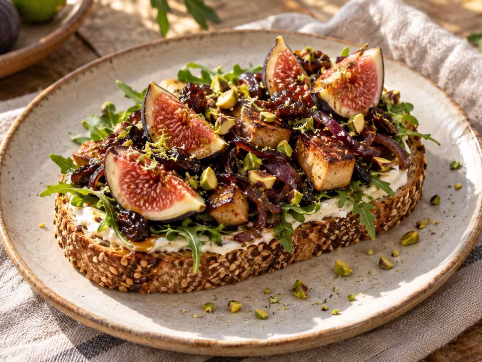 Fig toasts with foie gras and onion, finished dish