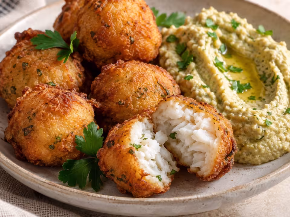 Buñuelos de merluza con hummus de aceitunas, plato terminado