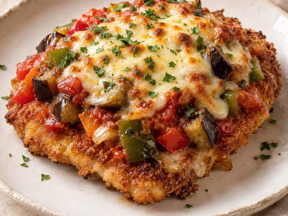 Milanesa de chuleta de cerdo con sanfaina gratinada, plato terminado