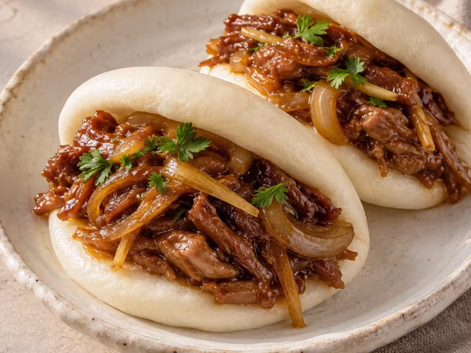 Pan bao de cerdo agridulce, plato terminado