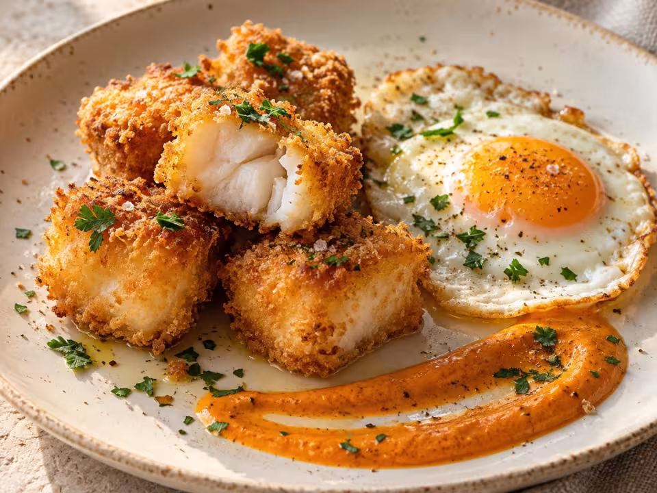 Rape con huevo frito y emulsión de ajo y pimentón, plato terminado