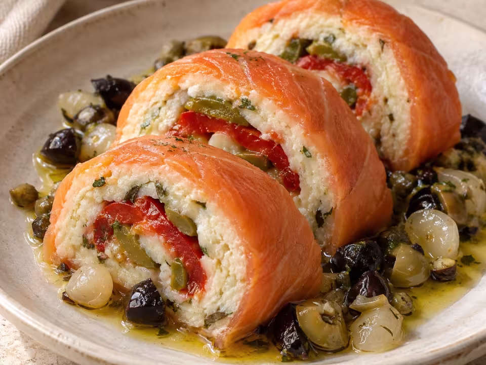 Rulo de salmón ahumado relleno de brandada y piperrada, plato terminado