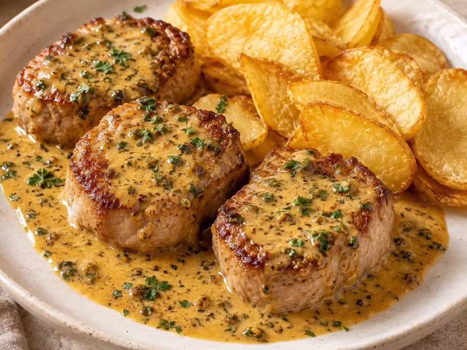 Solomillo de cerdo con salsa Caf&eacute; de Par&iacute;s, plato terminado