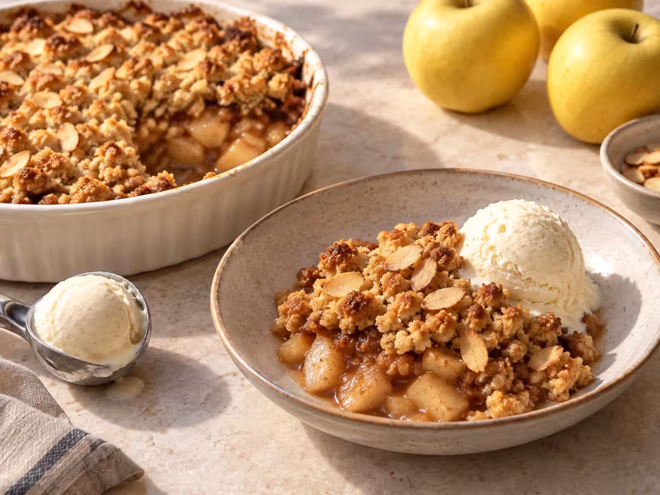 Crumble de manzana con almendra, presentaci&oacute;n final