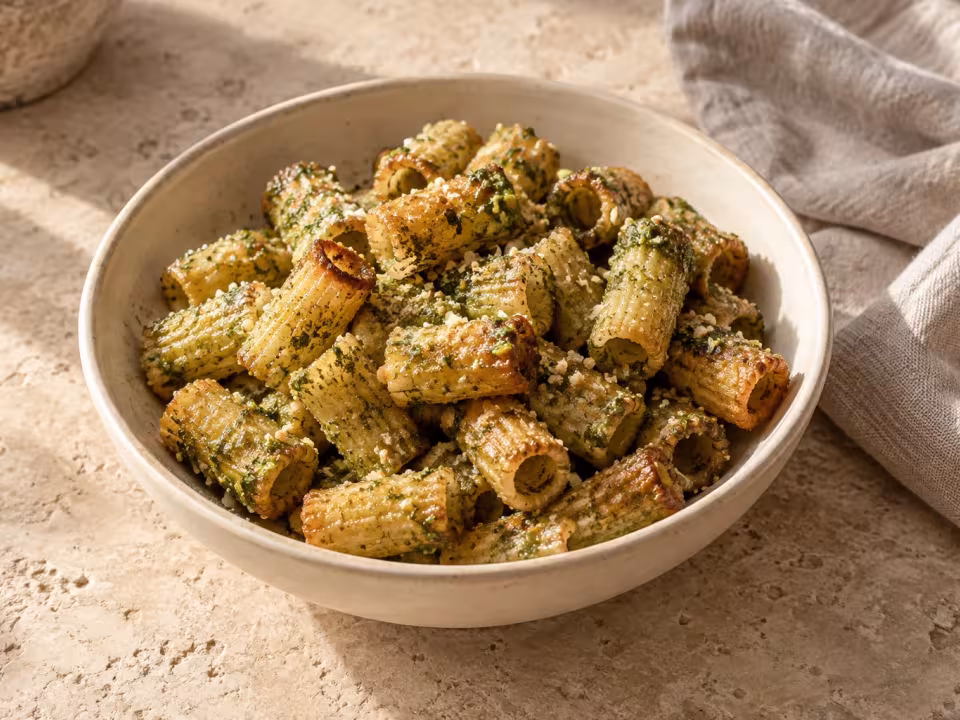 Bocados crujientes de pasta al pesto en freidora de aire, presentación casera del plato terminado