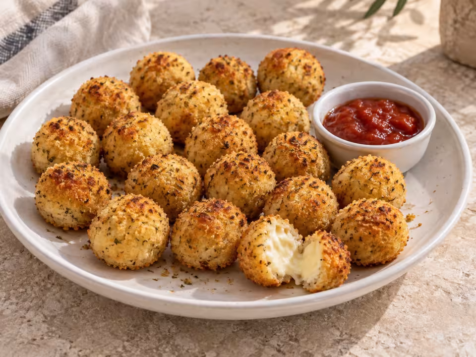 Bolitas de mozzarella empanadas en freidora de aire, presentaci&oacute;n casera del plato terminado