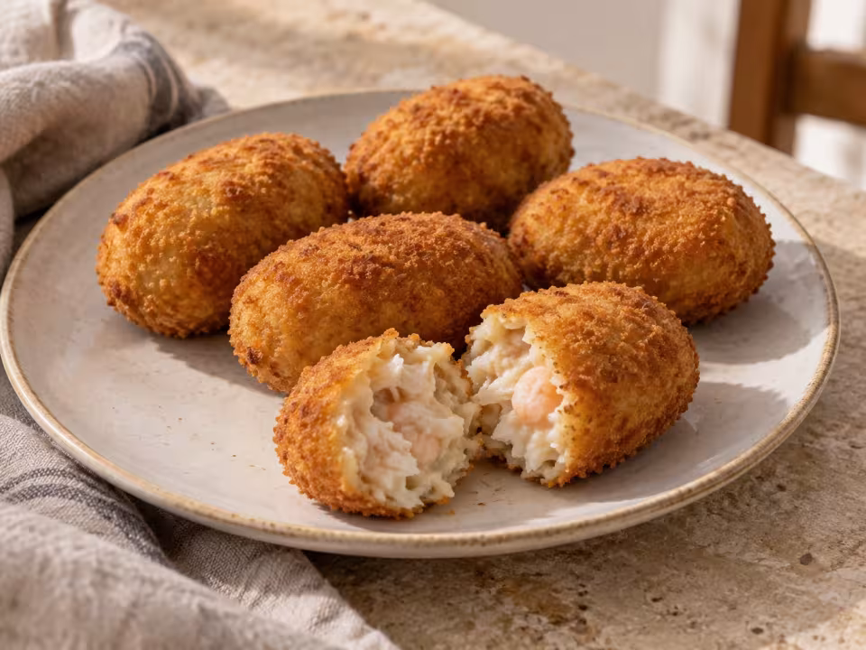Air-fryer hake and prawn croquettes, home-style presentation of the finished dish