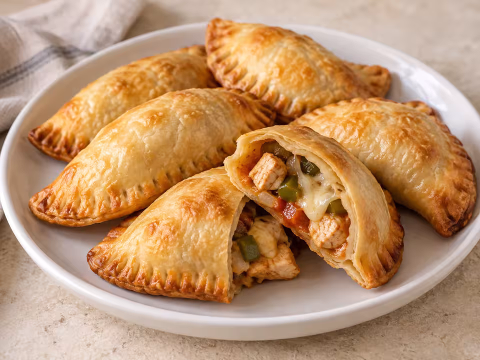 Empanadillas de pollo y emmental en freidora de aire, presentaci&oacute;n casera del plato terminado