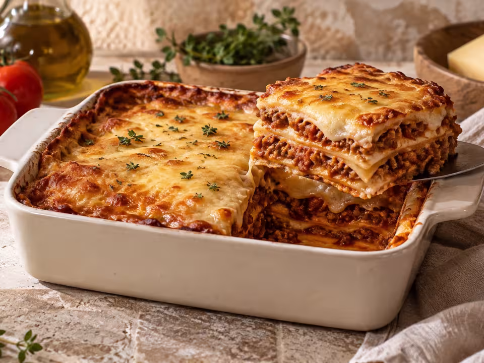 Lasaña de carne en freidora de aire, presentación casera del plato terminado
