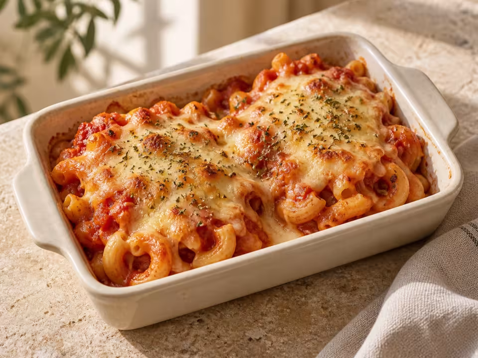 Air-fryer macaroni and tomato gratin, home-style presentation of the finished dish