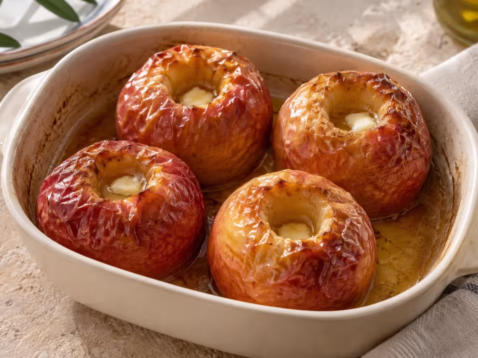 Manzanas asadas con mantequilla en freidora de aire, presentación casera del plato terminado