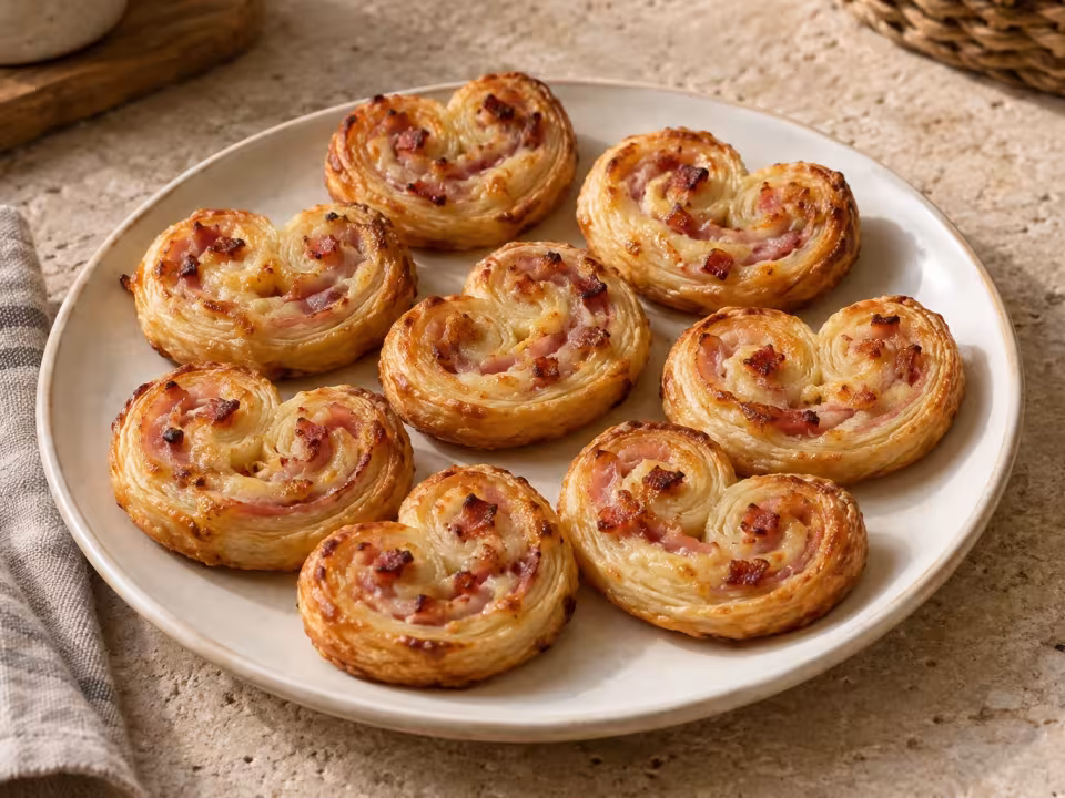 Palmeritas de jam&oacute;n, queso y bacon en freidora de aire, presentaci&oacute;n casera del plato terminado