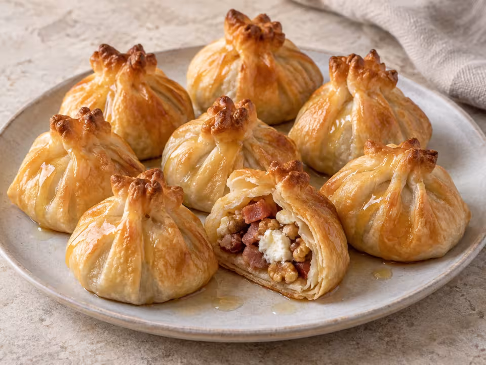 Saquitos de bacon, queso de cabra y nueces en freidora de aire, presentaci&oacute;n casera del plato terminado