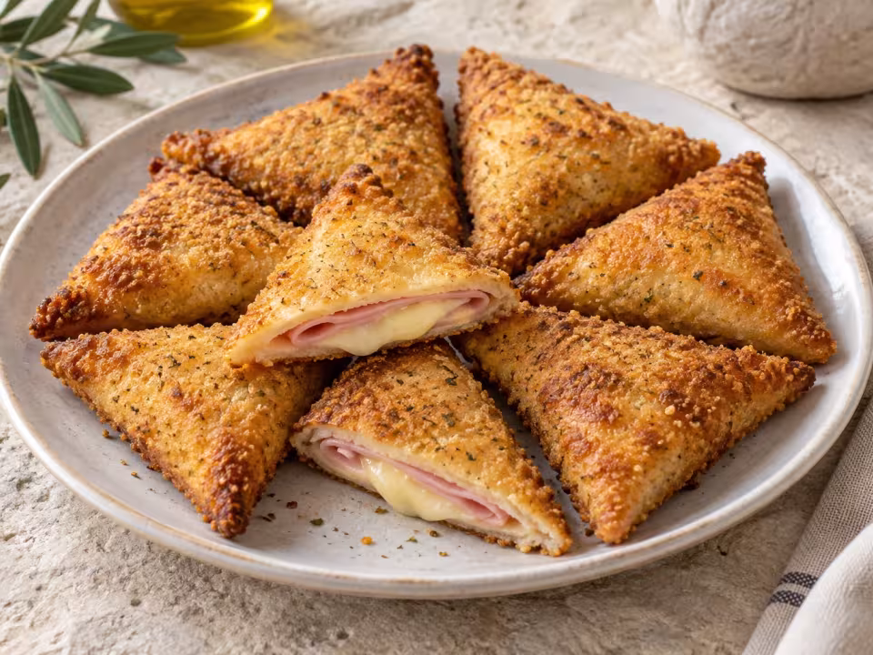 Air-fryer crispy ham and cheese tortilla triangles, home-style presentation of the finished dish