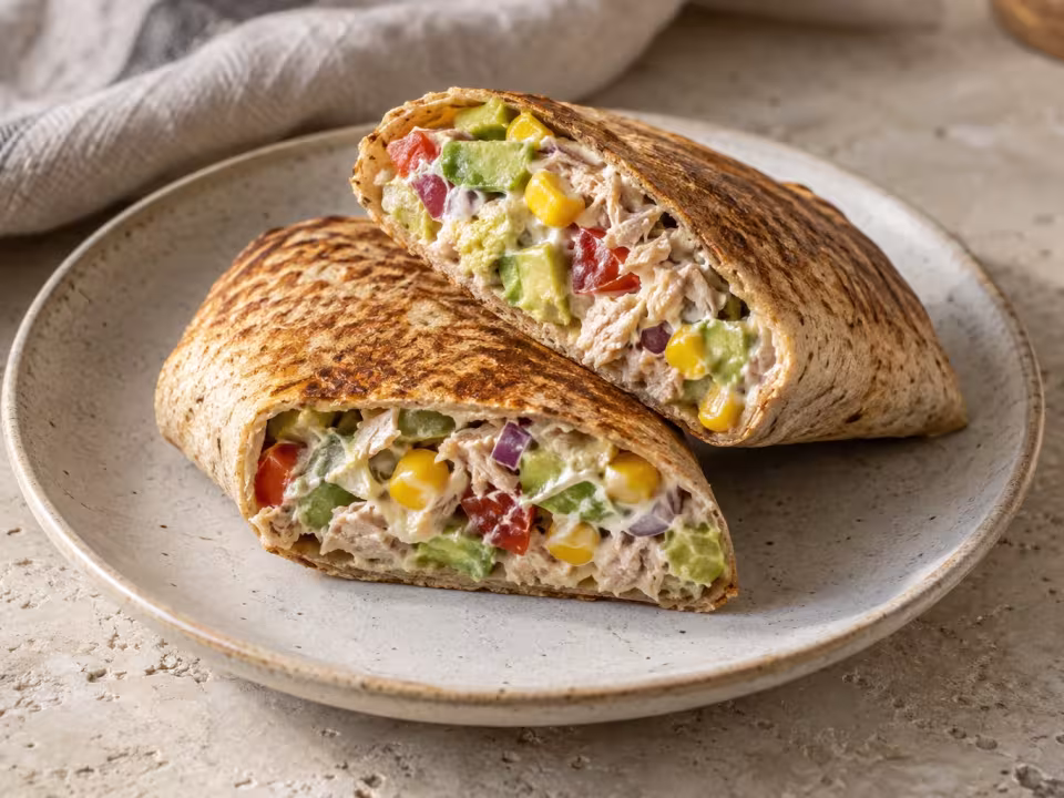 Air-fryer avocado and tuna wrap, home-style presentation of the finished dish
