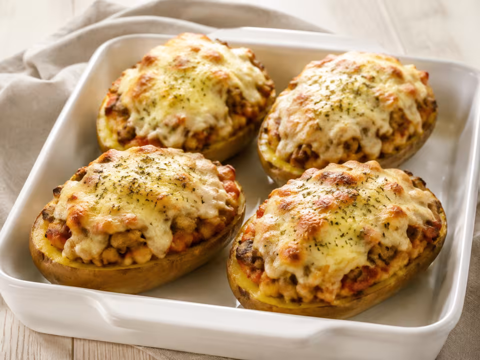 Chicken and mushroom stuffed potatoes served with a natural homemade finish