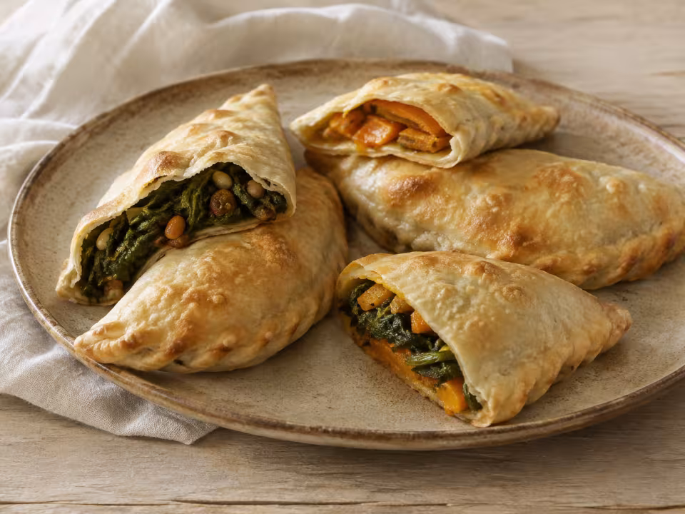 Spinach, pumpkin and pine nut panadons served with a natural homemade finish