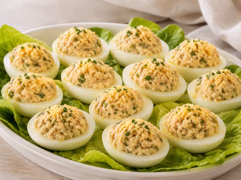 Tuna and olive stuffed eggs served with a natural homemade finish