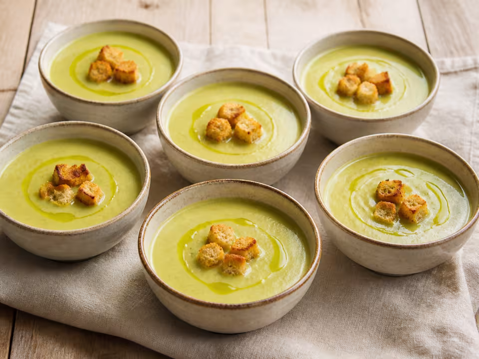 Crema de calabac&iacute;n con queso y picatostes servido con un acabado casero y natural