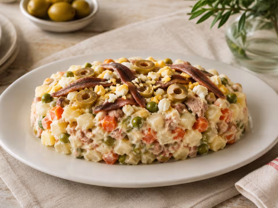 Ensaladilla rusa de at&uacute;n y anchoas servido con un acabado casero y natural
